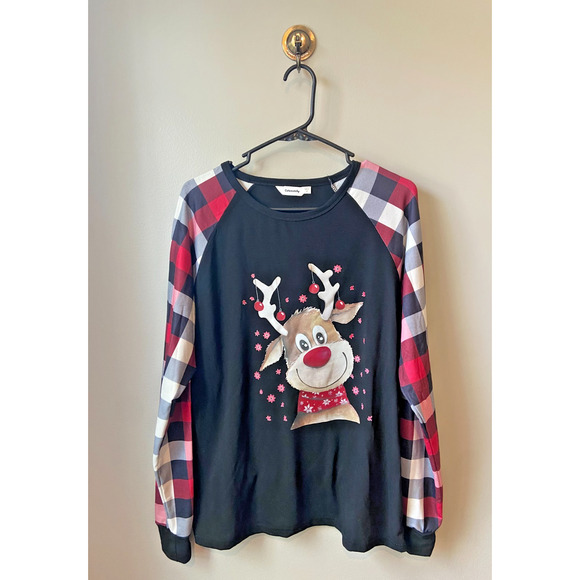 Cutematchy Men's Long Sleeve Red/Black Plaid Reindeer Pajama Top, Size Medium - Picture 1 of 5